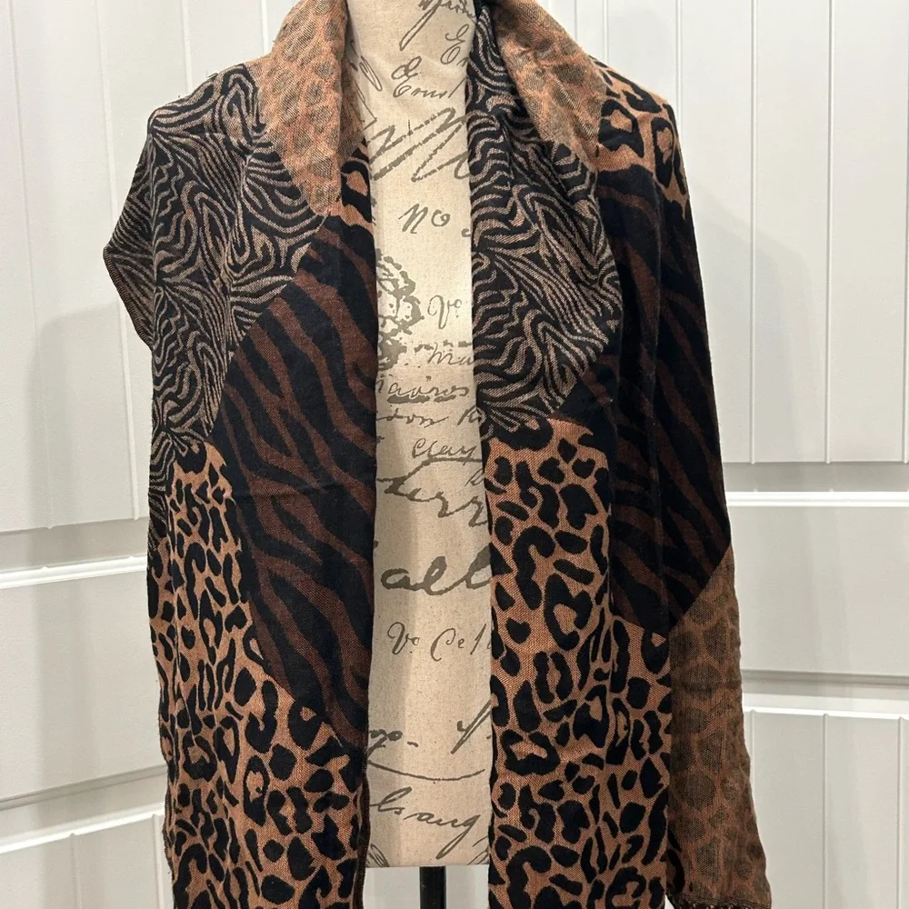 Brown Fringe Scarf Animal Prints Reversible Cheetah Tiger Zebra Patterns 21”x60”